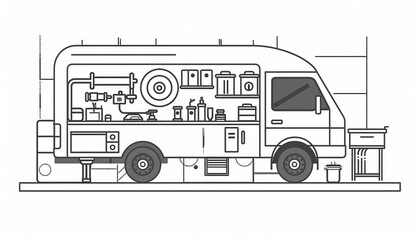 A mobile workshop van equipped with tools and supplies for on-site repairs or crafting. Ideal for mechanics, electricians, or artists.