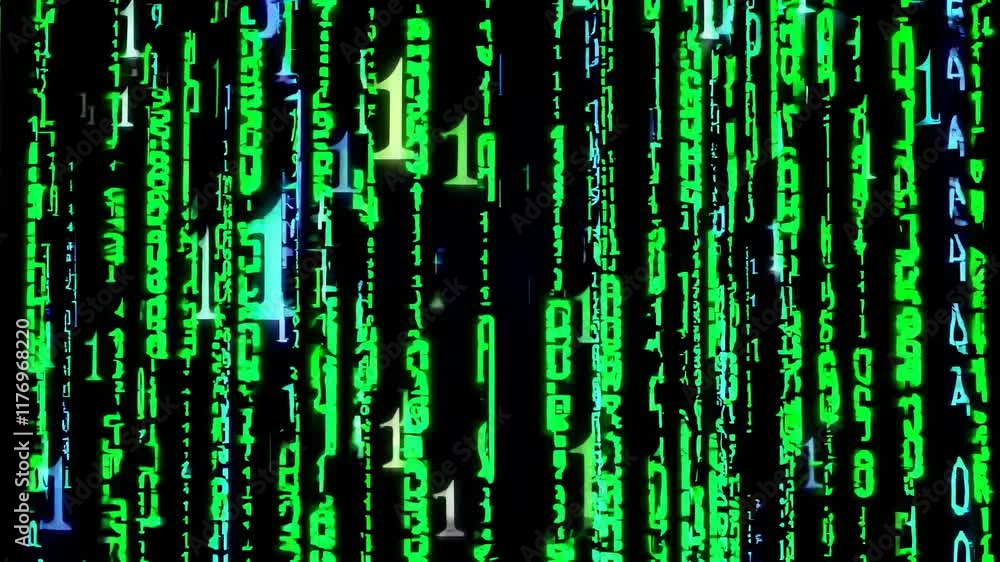 Poster Digital Matrix Rain Effect with Falling Green Numbers and Binary Code on Black Background. Abstract Technology Animation for Cybersecurity and Programming Concept 