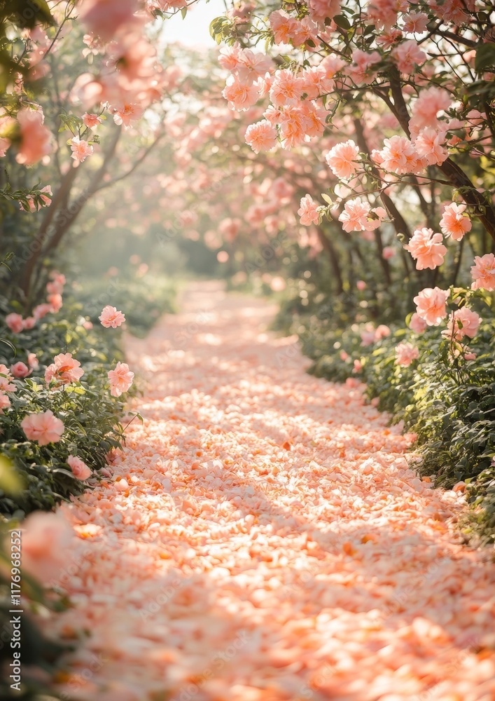 Poster serene spring pathway with peach blossom petals and soft greenery in sunlit garden