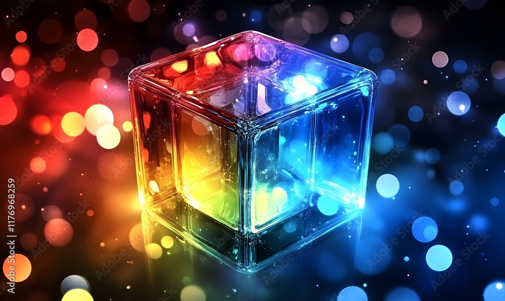 Poster rainbow glass cube with bokeh lights.