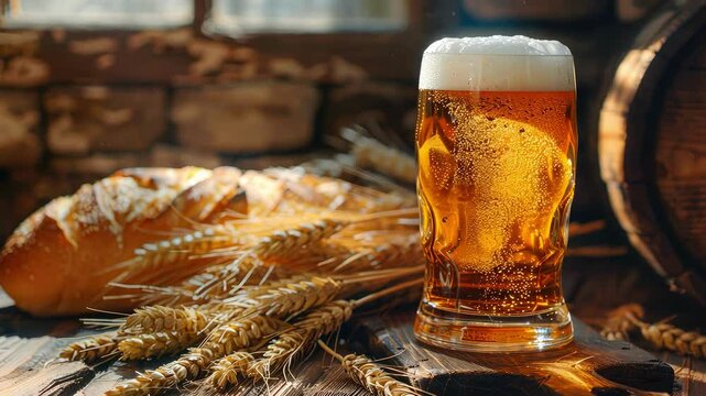 a glass of beer, bread on hops. Selective focus