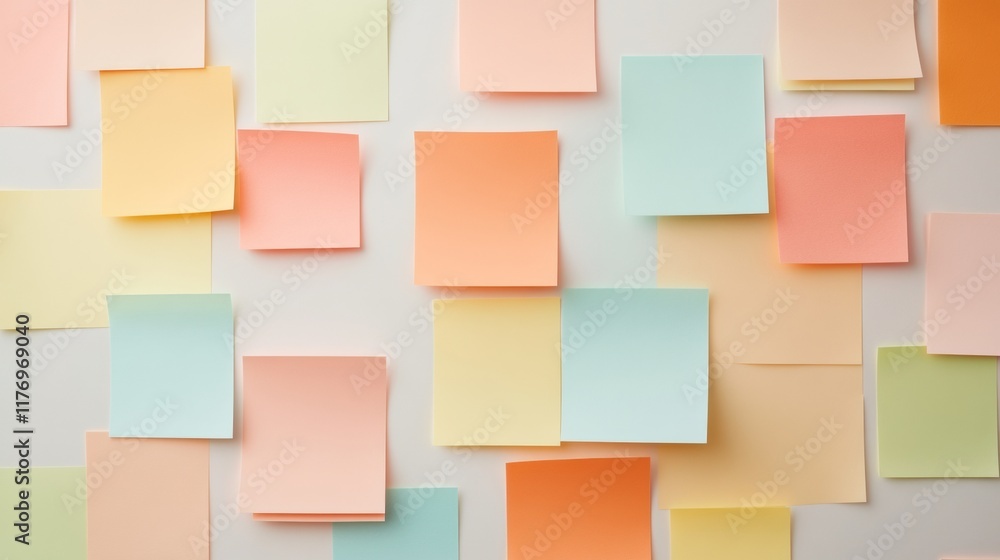 Poster vibrant sticky notes in geometric patterns on white surface - creative workspace organization