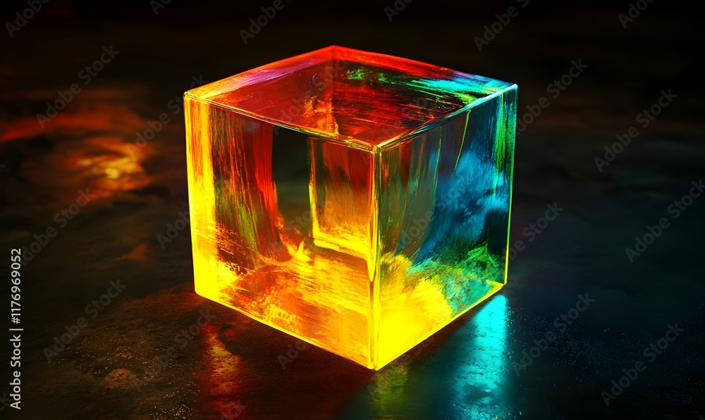 Poster transparent cube with vibrant light reflection.