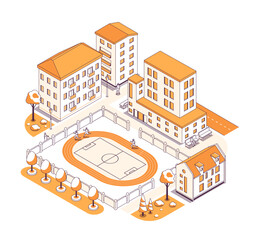 Sports stadium behind the fence - vector isometric illustration