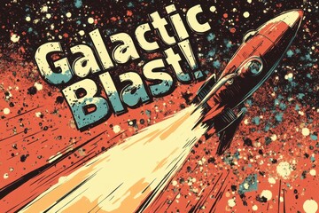 Retro rocket blasting through space in galactic blast illustration