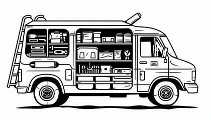 A van packed with tools and equipment. Ideal for handyman services, repair businesses, or mobile workshops. Perfect for logos, illustrations, and merchandise.