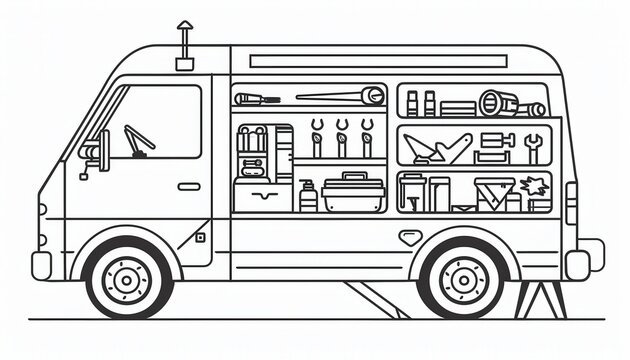 A van packed with tools and equipment ideal for handyman or repair services. Perfect for showcasing a mobile workshop or delivery service.