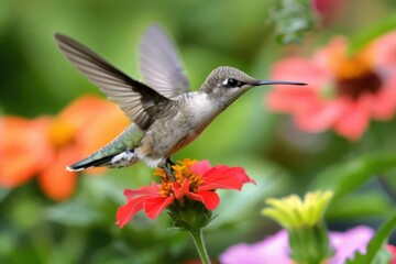 A hummingbird hovering over a vibrant flower amidst a colorful garden backdrop.