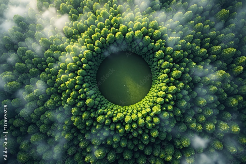 Poster Abstract circular green forest with misty light rays in background.