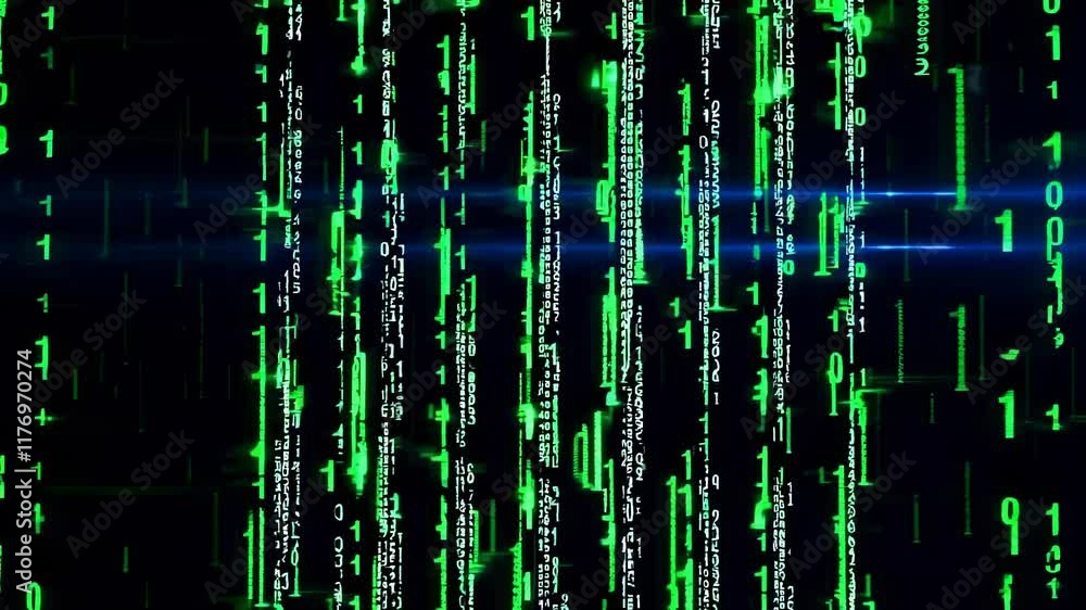 Poster Digital Matrix Rain Effect with Falling Green Numbers and Code. Abstract Technology Background Animation for Cybersecurity, Programming, and Data Concepts with Dynamic Light Effects
