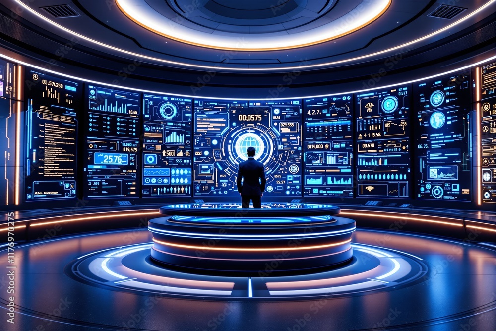 Poster futuristic control room with holographic data panels and central platform.