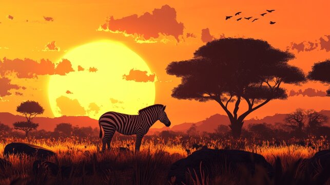 Illustration of a zebra under the sun in the African savannah. Ideal for educational and cultural materials