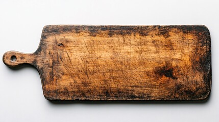 Fototapeta premium Wooden cutting board with rustic texture placed on a white surface for kitchen use