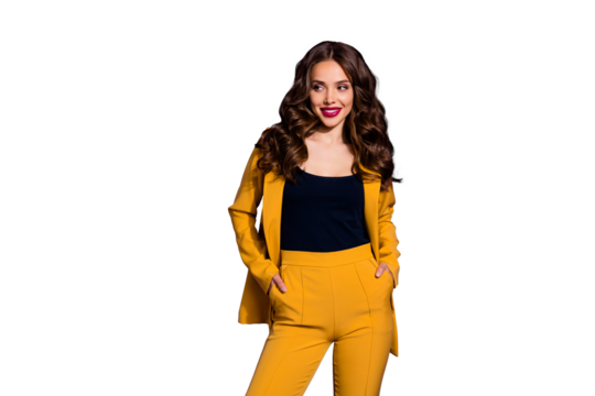 Photo of great businesswoman watching her competitors company bankrupt while isolated with purple background