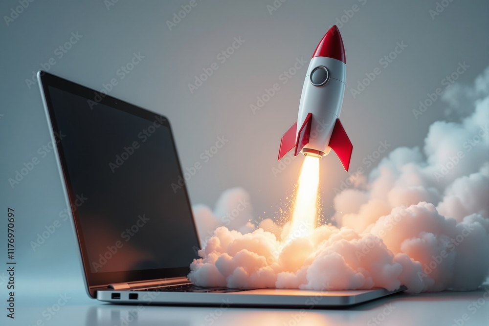 Poster Rocket launching from laptop with clouds on light background, symbolizing innovation and creativity.