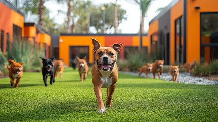 Dogs joyfully running in a sunny outdoor space at a dog daycare facility