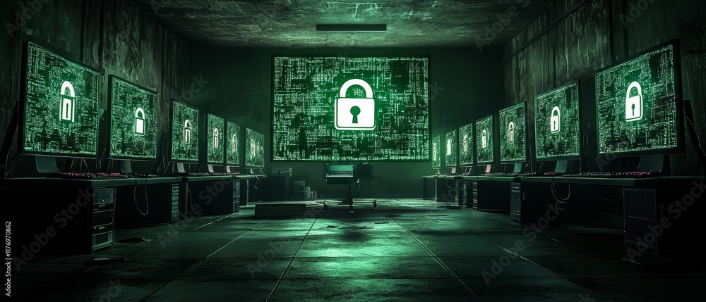 Poster dark room cybersecurity glowing monitors with encrypted data and digital locks