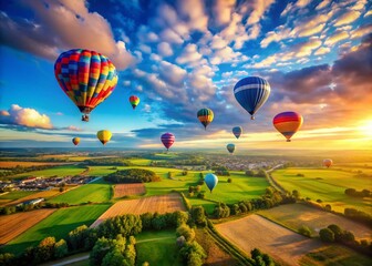 Fototapeta premium Retro Summer Sky: Blue Sky, Sun, Clouds, and Colorful Balloons - Drone Aerial View