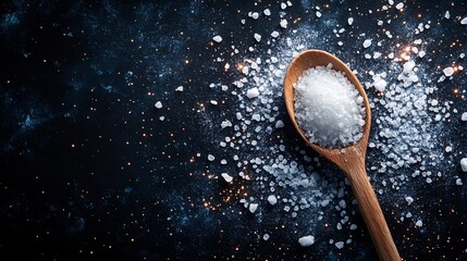 Salt in a wooden spoon on a dark surface surrounded by scattered grains