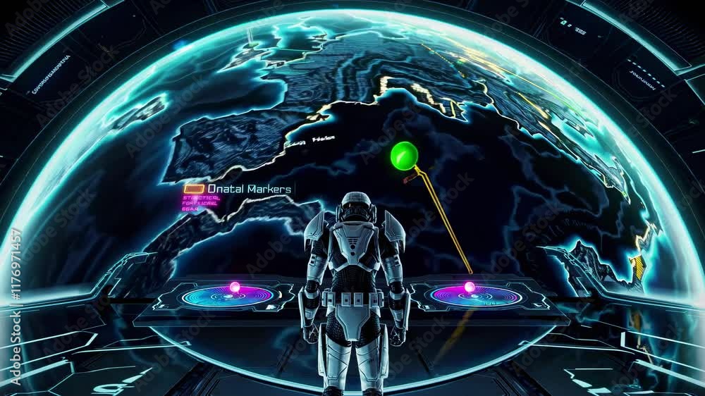 Poster exploring distant worlds through advanced mapping technology in a futuristic setting