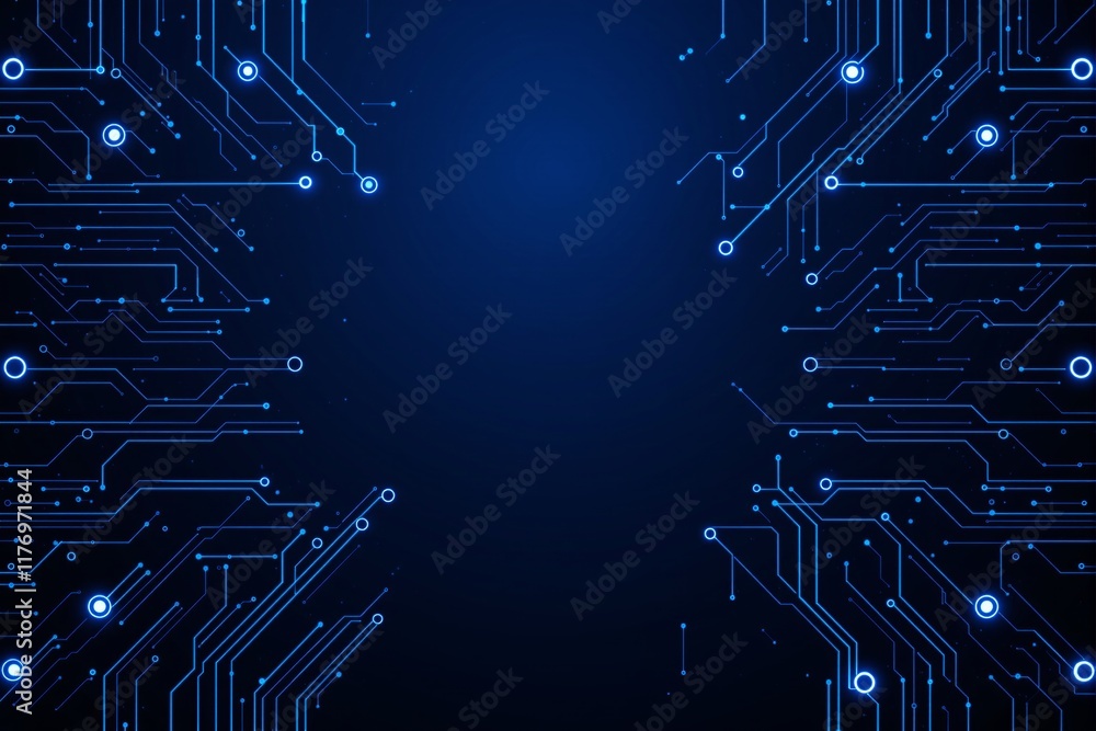 Poster Abstract blue circuit board design on dark background with futuristic digital connections, creating a technological layout.