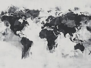 Abstract World Map with Dark Gray Continents, Minimalist Design, and 3D Relief Texture for Modern Graphic Design and Geographical Illustrations
