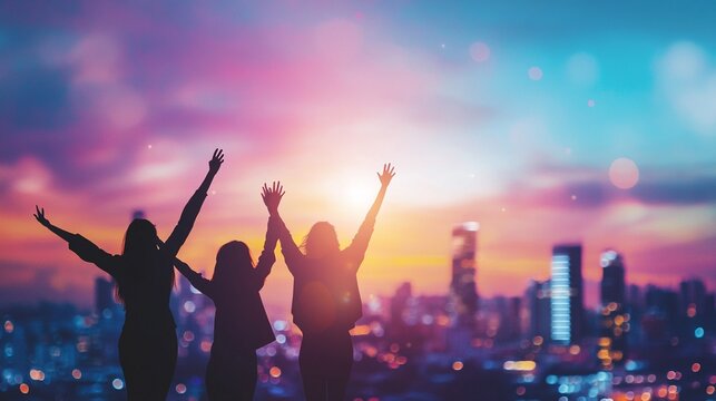 Silhouetted group of people with arms raised against a vibrant city skyline at sunset expressing celebratory energy happiness and freedom in an urban environment