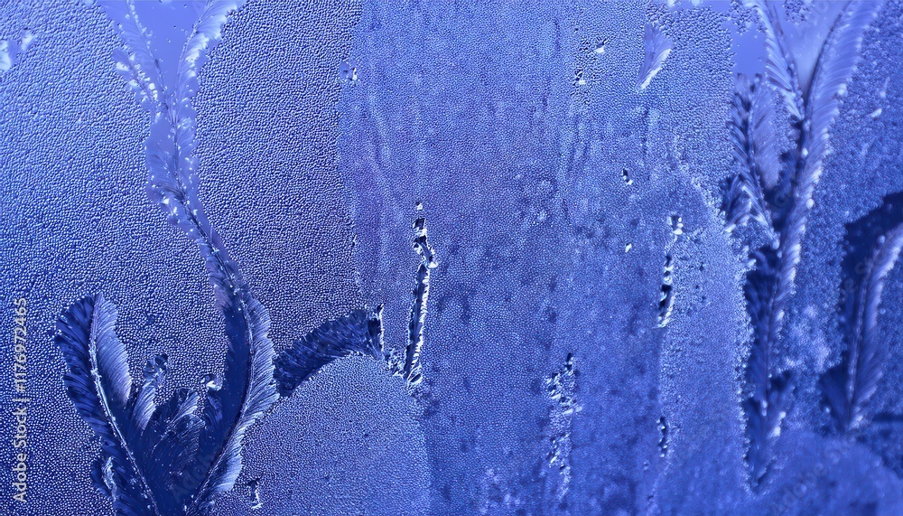 Poster Macro View of Frost Patterns on Glass with Feathery Crystals and Dew Drops, Capturing Nature’s Frozen Abstract Art for Winter Themes