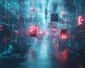 Obraz premium Futuristic Cyberpunk Digital Space with Floating Geometric Data Streams