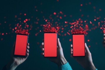 Digital Security Concept Hands Holding Smartphones with Encrypted Lock Screens in a Dim, Cyber-Themed Room