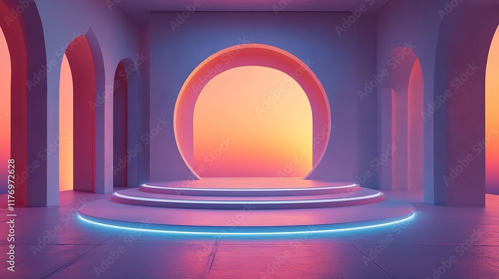 Poster a futuristic 3d podium with a glowing circular design serves as a high-tech stage for a product disp