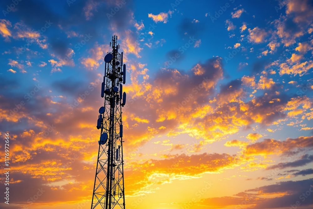Poster communication tower against a vivid sunset sky with glowing clouds, symbolizing technology and conne