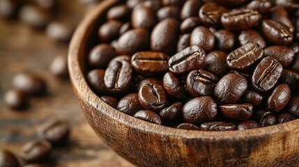 Fototapeta premium Close up view of freshly roasted aromatic coffee beans in a rustic wooden bowl Concept of gourmet coffee breakfast cafe or coffee shop