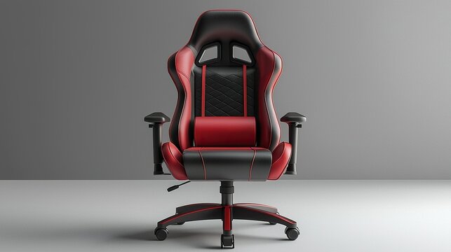 Red and black gaming chair in a minimalist gray studio.