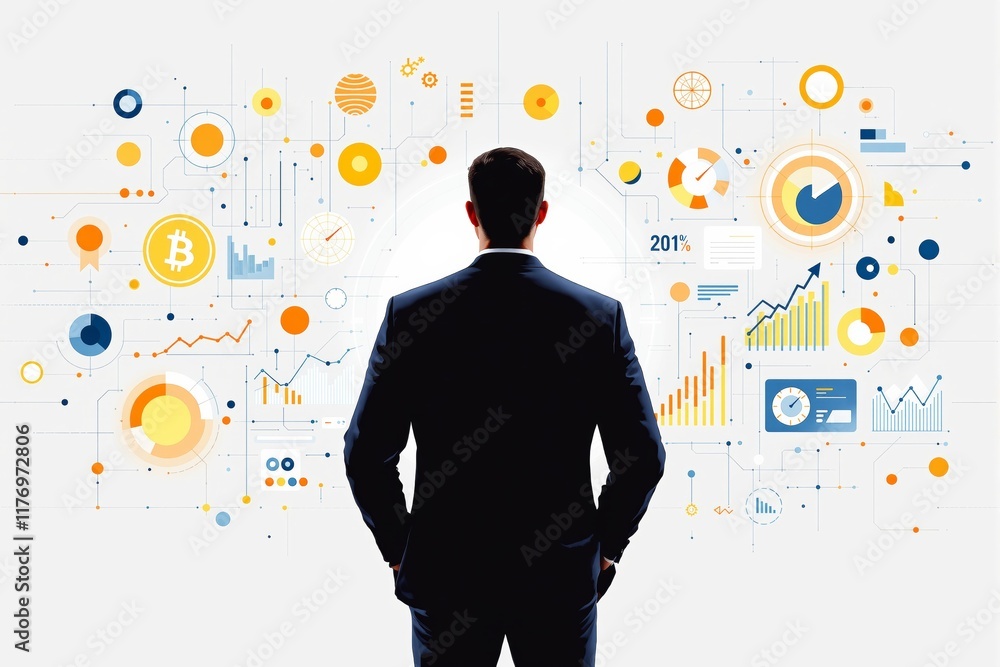 Aufkleber businessman analyzing abstract data on a light background.
