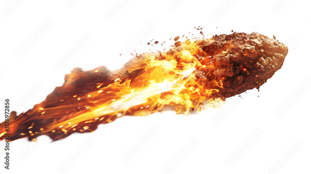 Poster flaming meteorite with fiery trail in space isolated on a transparent background