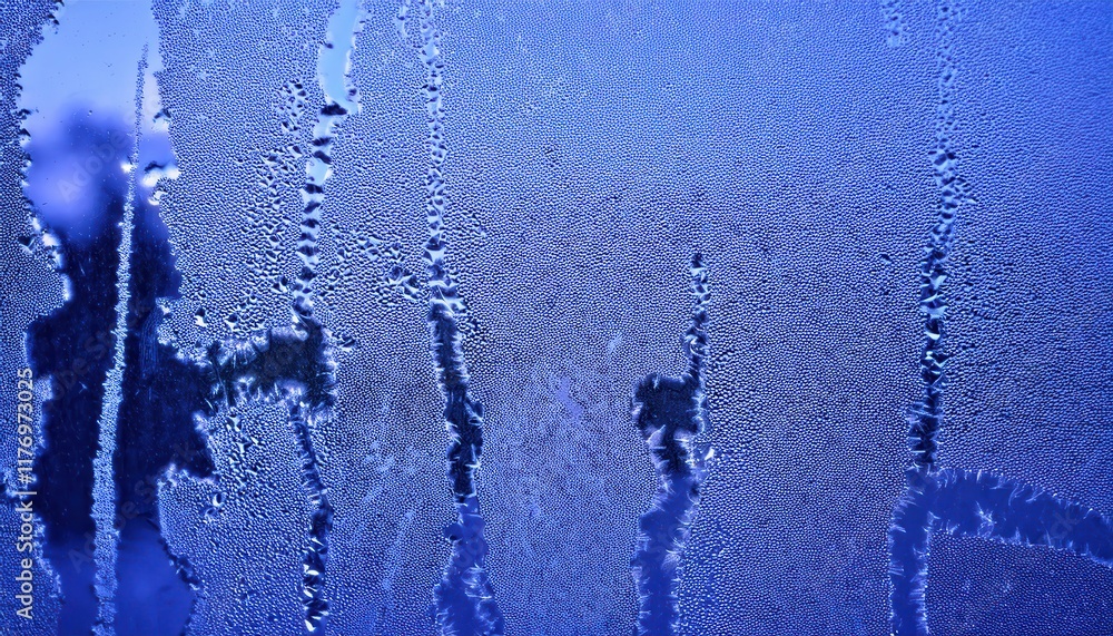 Poster Macro View of Frost Patterns on Glass with Feathery Crystals and Dew Drops, Capturing Nature’s Frozen Abstract Art for Winter Themes