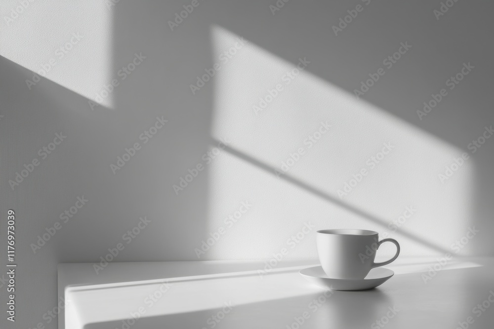 Poster a soft natural light scene featuring a steaming cup of black coffee on a minimalistic white table wi