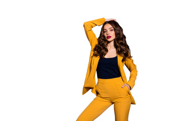 Photo of flawless chic woman whom no man can approach being isolated with purple background