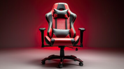 Red and black gaming chair in studio with red backdrop.