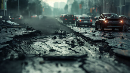 Illustration of a road in the capital that is broken and collapsed into potholes, causing cars to fall down, caused by natural disasters, earthquakes, global warming.