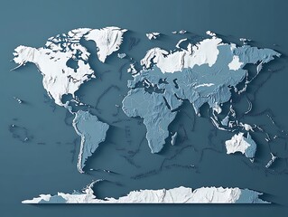 Abstract World Map with Dark Gray Continents, Minimalist Design, and 3D Relief Texture for Modern Graphic Design and Geographical Illustrations