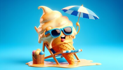 Melting Ice Cream Cone Enjoying Summer Vacation with Sunglasses and Beach Umbrella