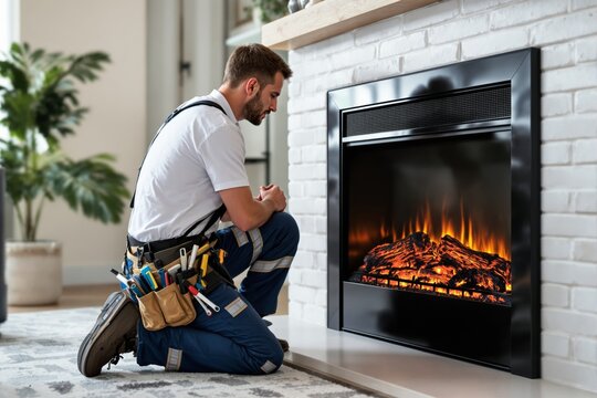 Technician examining electric fireplace in a modern living room.