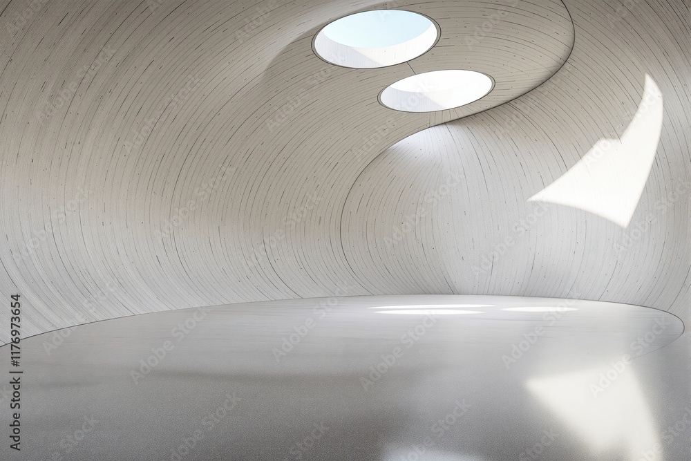 Poster minimalistic interior with curved walls and circular skylights.
