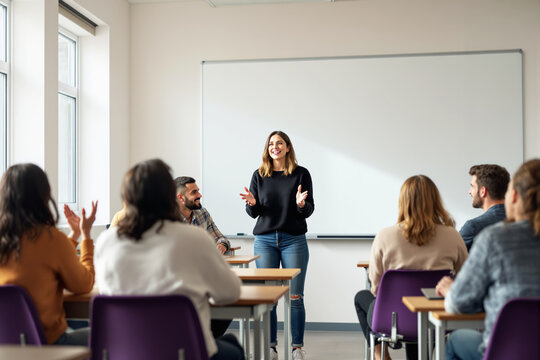 Woman leading a discussion in a classroom setting with attentive students, light background, concept of teamwork and education.