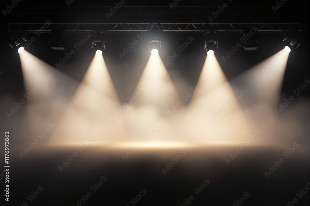 Poster Illuminated stage with spotlights and hazy smoke effect on dark background.