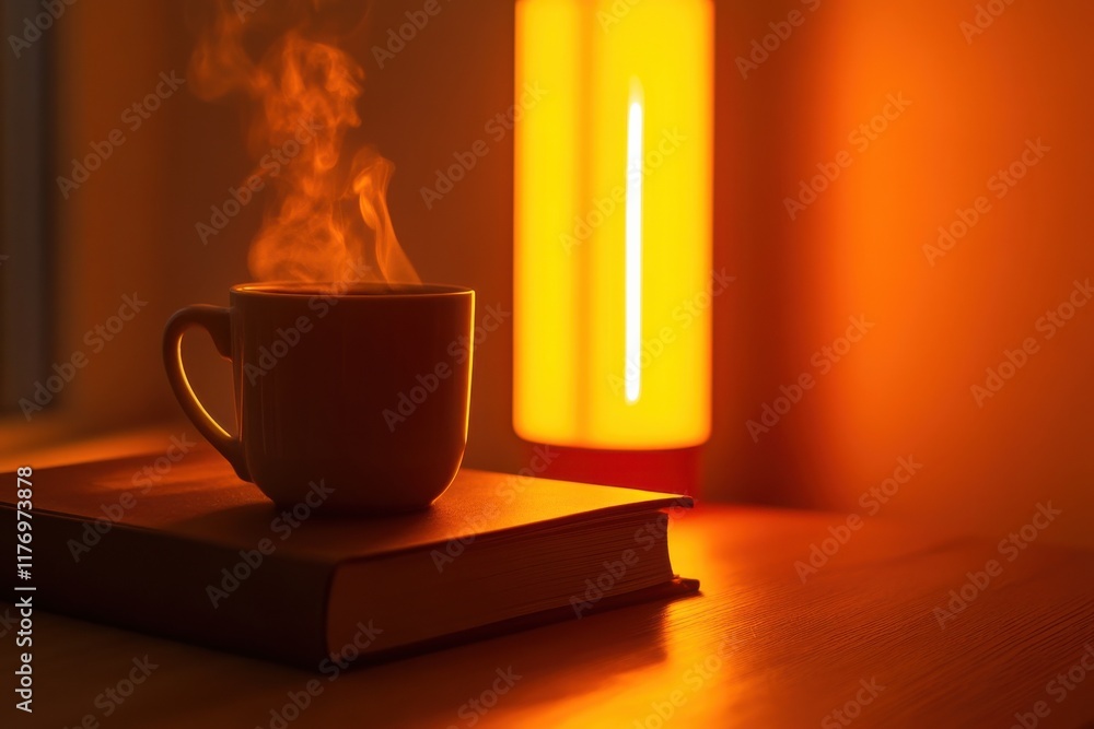 Poster warm and inviting scene featuring a steaming cup of coffee next to an open book on a wooden surface 