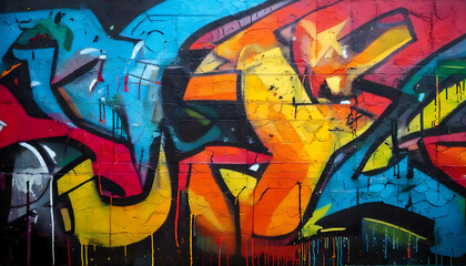 Vibrant urban street art, bold graffiti explosion on brick wall.  Perfect for designs needing edgy, modern, and creative backgrounds. Ideal for websites, prints, and apparel.
