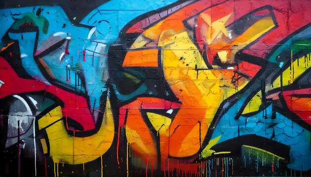 Fototapeta Vibrant urban street art, bold graffiti explosion on brick wall.  Perfect for designs needing edgy, modern, and creative backgrounds. Ideal for websites, prints, and apparel.